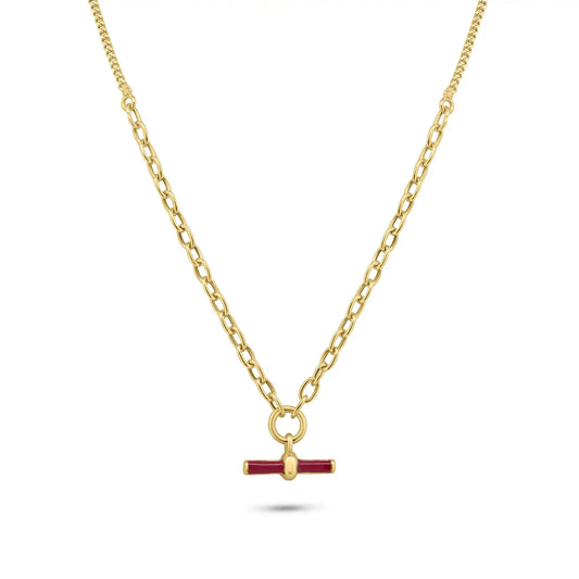 925 Sterling Silver Gold Plated Curb Rolo Adjustable Enamel Red Bar Necklace