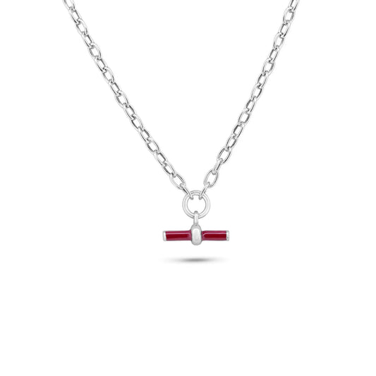 925 Sterling Silver Rhodium Plated Curb Rolo Adjustable Enamel Red Bar Necklace