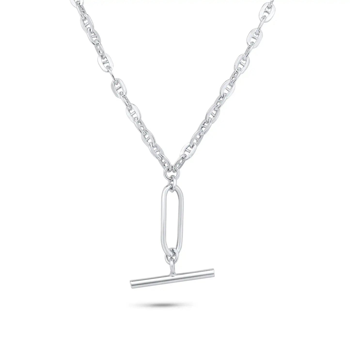 925 Sterling Silver Rhodium Plated Flat Marina Paperclip Bar Pendant 3.2mm Necklace