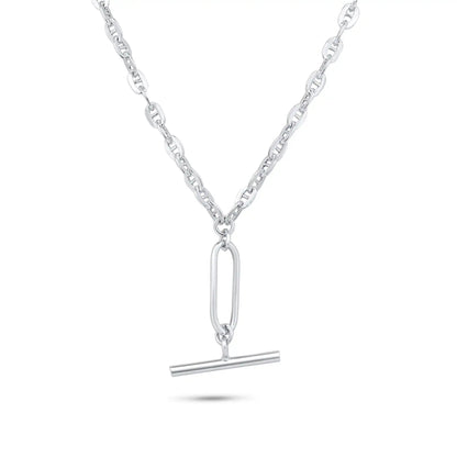 925 Sterling Silver Rhodium Plated Flat Marina Paperclip Bar Pendant 3.2mm Necklace