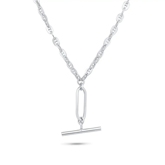 925 Sterling Silver Rhodium Plated Flat Marina Paperclip Bar Pendant 3.2mm Necklace