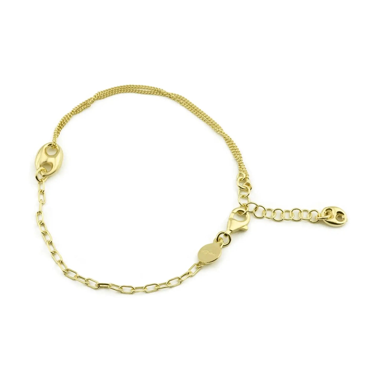 925 Sterling Silver Gold Plated Puffed Mariner Charm Double Strand Curb and Paperclip Adjustable Bracelet