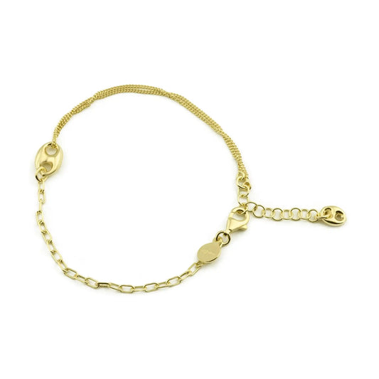 925 Sterling Silver Gold Plated Puffed Mariner Charm Double Strand Curb and Paperclip Adjustable Bracelet