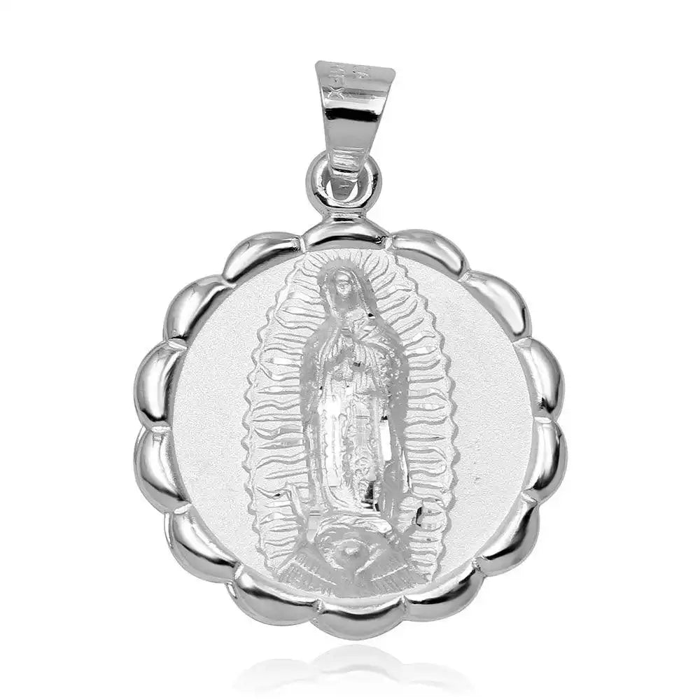 925 Sterling Silver High Polished Our Lady of Guadalupe Wave Edge Charm Pendant