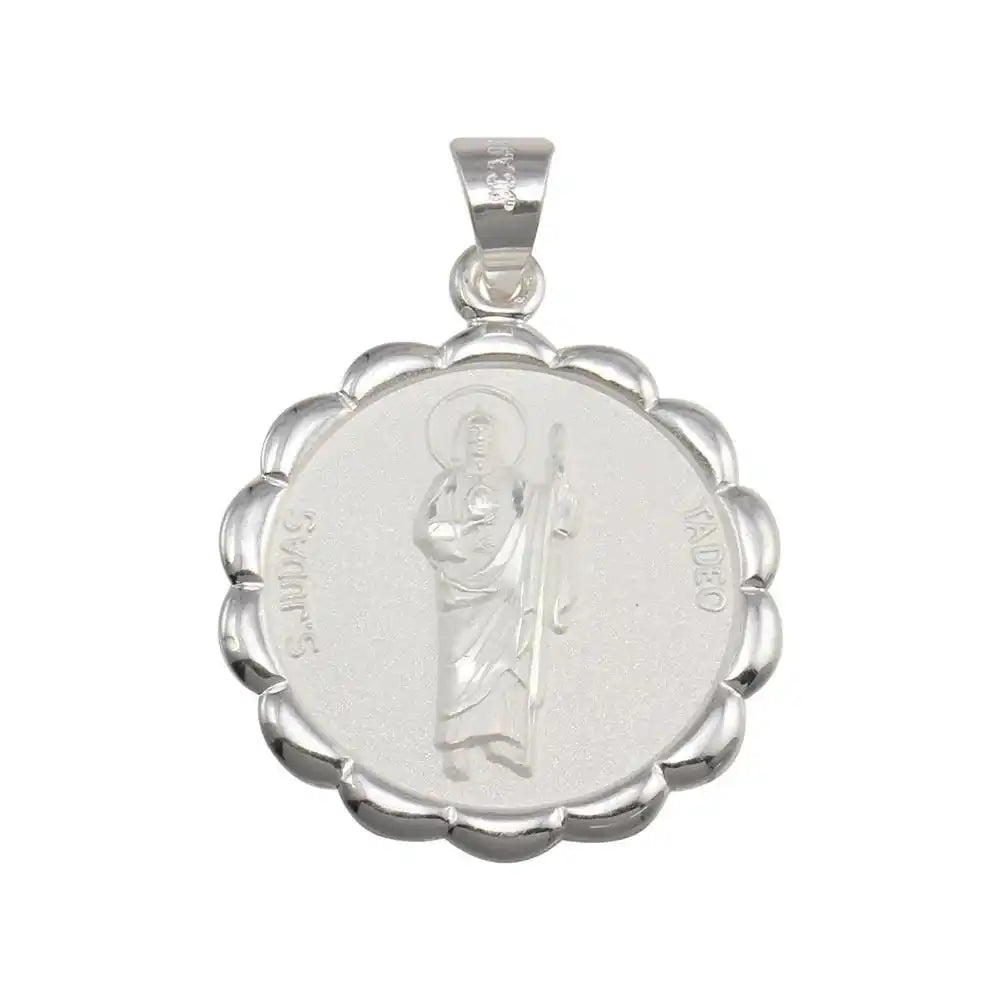 925 Sterling Silver High Polished Round Flower Edge St. Jude Medallion Pendant