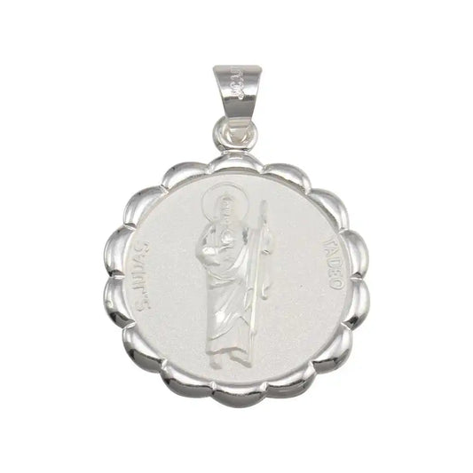 925 Sterling Silver High Polished Round Flower Edge St. Jude Medallion Pendant