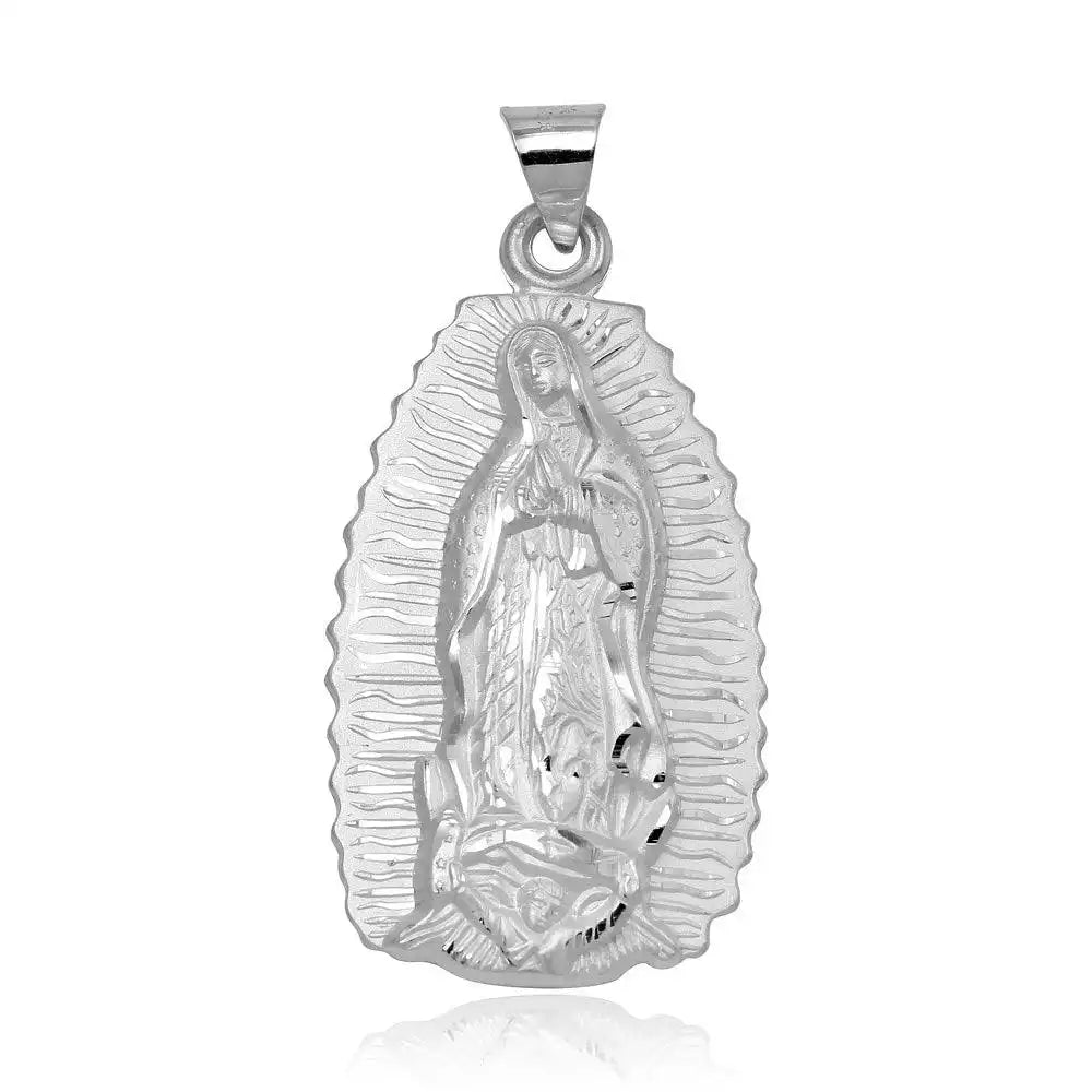 925 Sterling Silver High Polished Large Our Lady of Guadalupe Pendant
