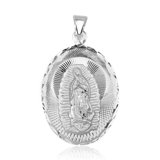 925 Sterling Silver High Polished Diamond Cut Lady of Guadalupe Medallion Pendant