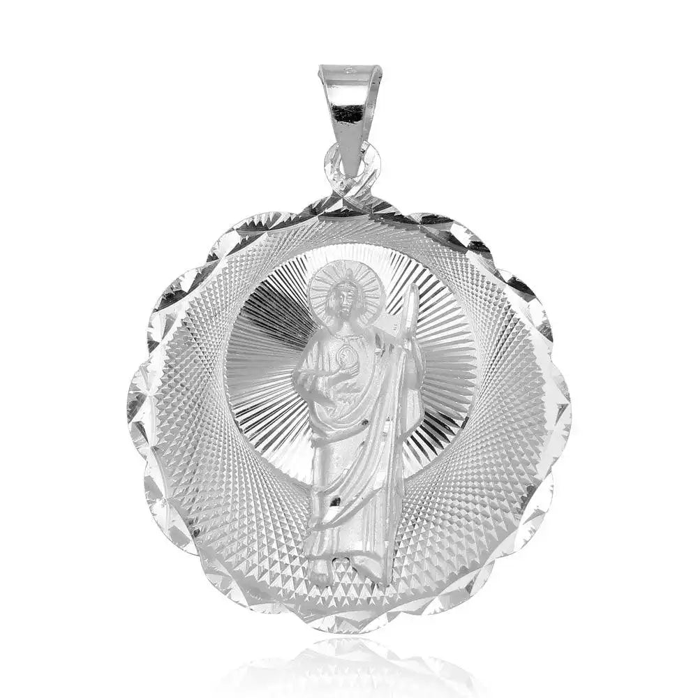 925 Sterling Silver High Polished DC Wavy Edge Round St. Jude Medallion Pendant