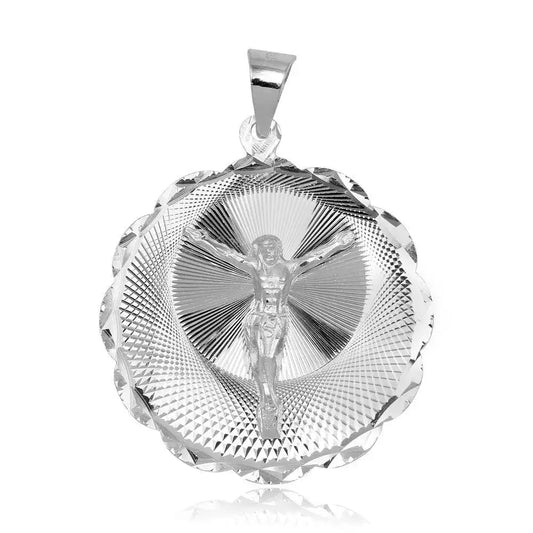 925 Sterling Silver High Polished DC Wavy Edge Round Crucifix Medallion Pendant