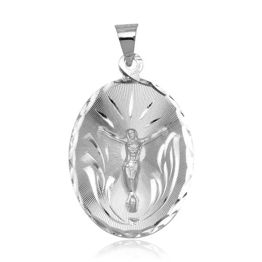 925 Sterling Silver High Polished DC Oval Crucifix Medallion Pendant