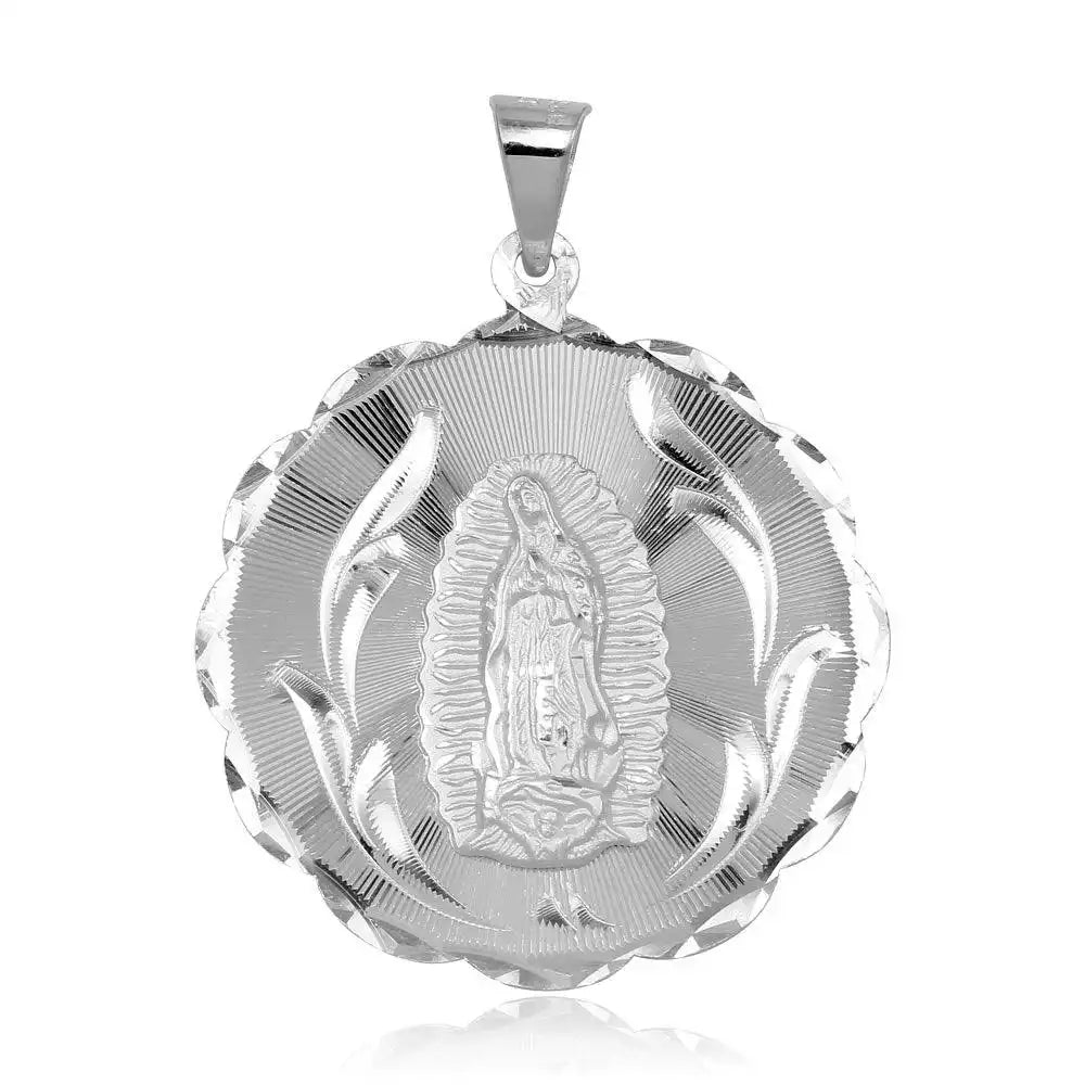 925 Sterling Silver High Polished DC Round Lady of Guadalupe Medallion Pendant