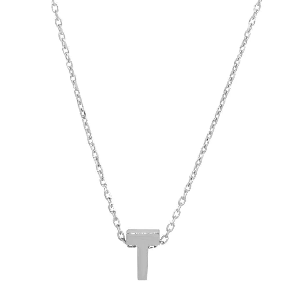 925 Sterling Silver Rhodium Plated Small Initial T Necklace