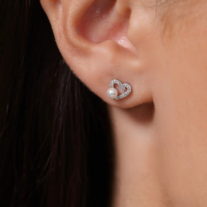925 Sterling Silver Rhodium Plated Assymetrical Heart Synthetic Pearl Stud Earring