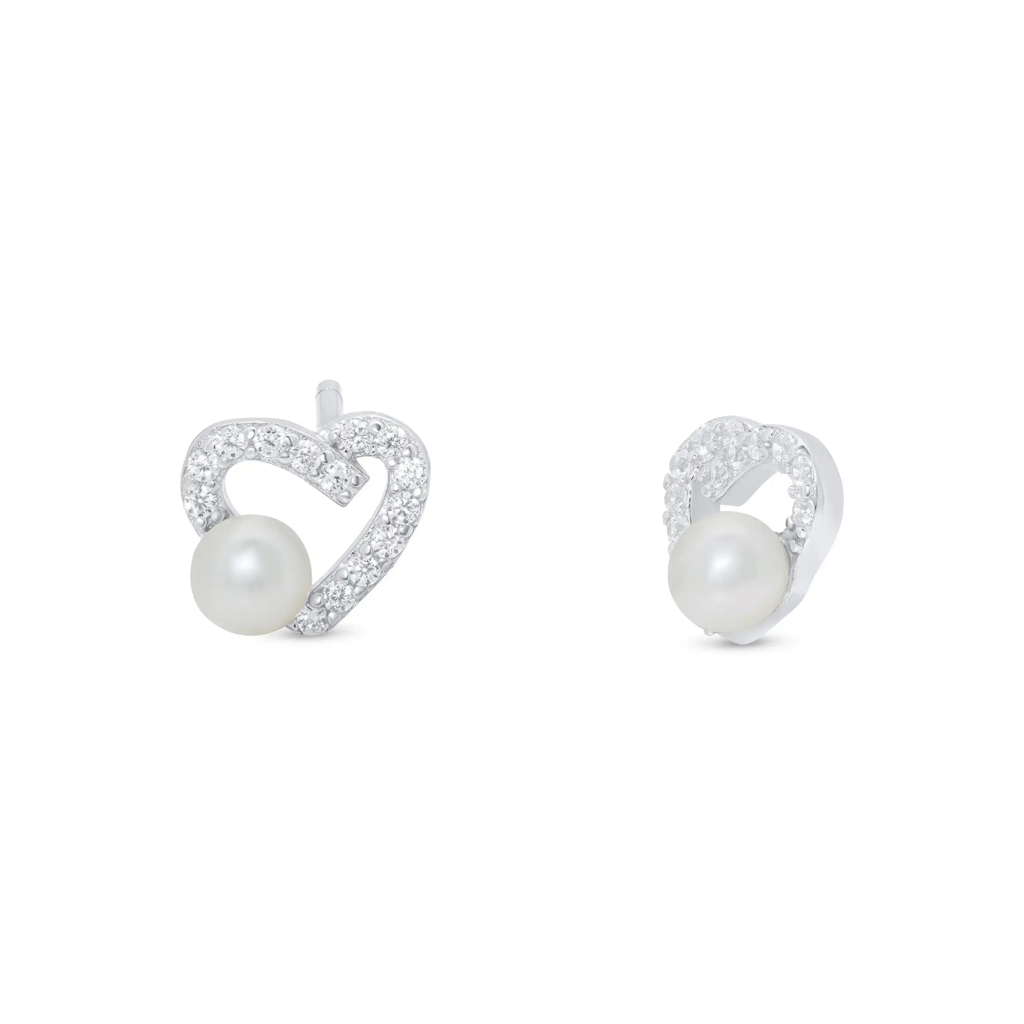 925 Sterling Silver Rhodium Plated Assymetrical Heart Synthetic Pearl Stud Earring