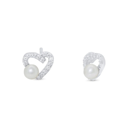 925 Sterling Silver Rhodium Plated Assymetrical Heart Synthetic Pearl Stud Earring