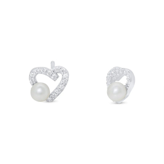 925 Sterling Silver Rhodium Plated Assymetrical Heart Synthetic Pearl Stud Earring