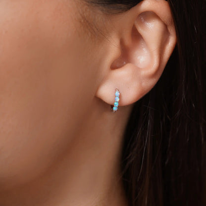 925 Sterling Silver Rhodium Plated Sythetic Blue Opal Hoop Earring