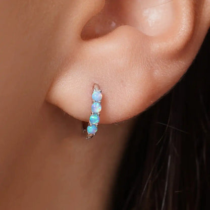 925 Sterling Silver Rhodium Plated Sythetic Blue Opal Hoop Earring