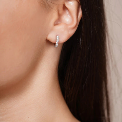 925 Sterling Silver Rhodium Plated Synthetic Pearl Baguette Clear CZ Hoop Earring