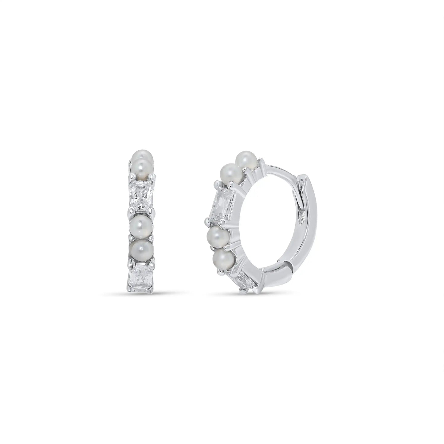 925 Sterling Silver Rhodium Plated Synthetic Pearl Baguette Clear CZ Hoop Earring
