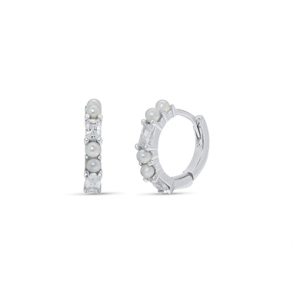 925 Sterling Silver Rhodium Plated Synthetic Pearl Baguette Clear CZ Hoop Earring
