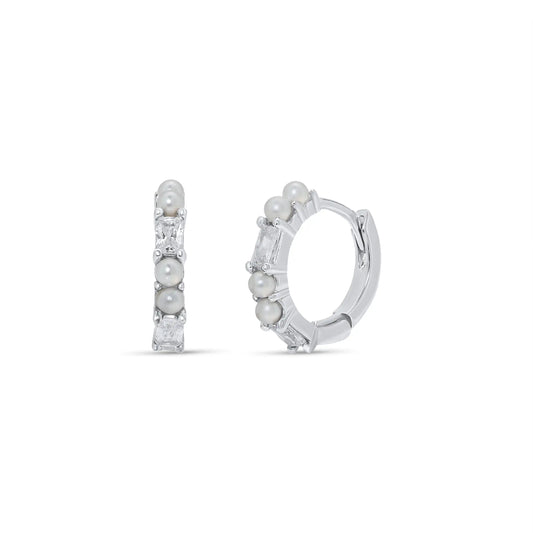 925 Sterling Silver Rhodium Plated Synthetic Pearl Baguette Clear CZ Hoop Earring