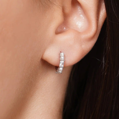 925 Sterling Silver Rhodium Plated Synthetic Pearl Baguette Clear CZ Hoop Earring