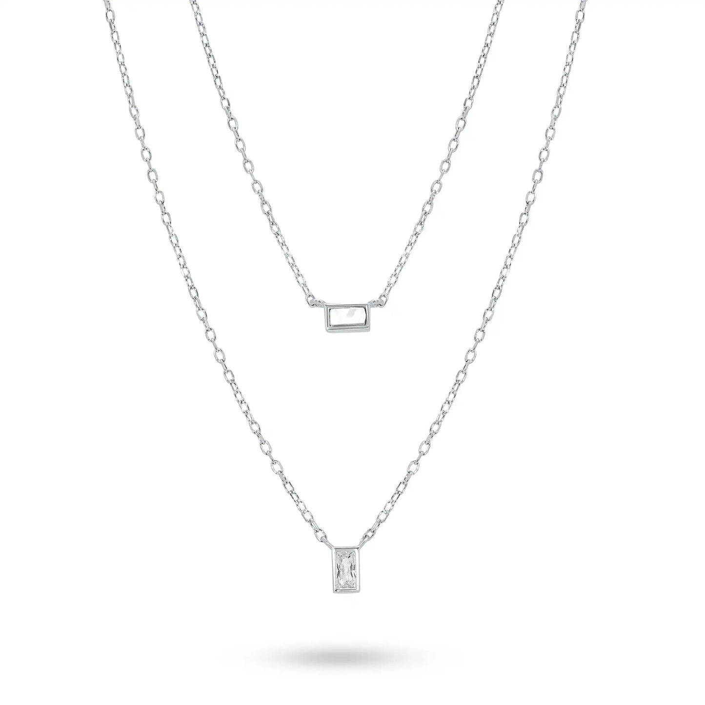 925 Sterling Silver Rhodium Plated Layered Double Strand Baguette CZ Charm Adjustable Necklace