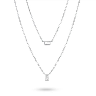 925 Sterling Silver Rhodium Plated Layered Double Strand Baguette CZ Charm Adjustable Necklace