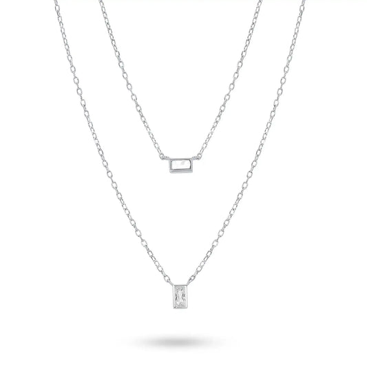 925 Sterling Silver Rhodium Plated Layered Double Strand Baguette CZ Charm Adjustable Necklace