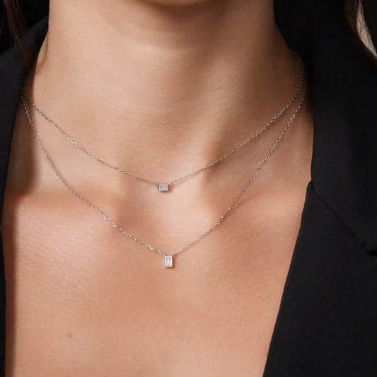 925 Sterling Silver Rhodium Plated Layered Double Strand Baguette CZ Charm Adjustable Necklace