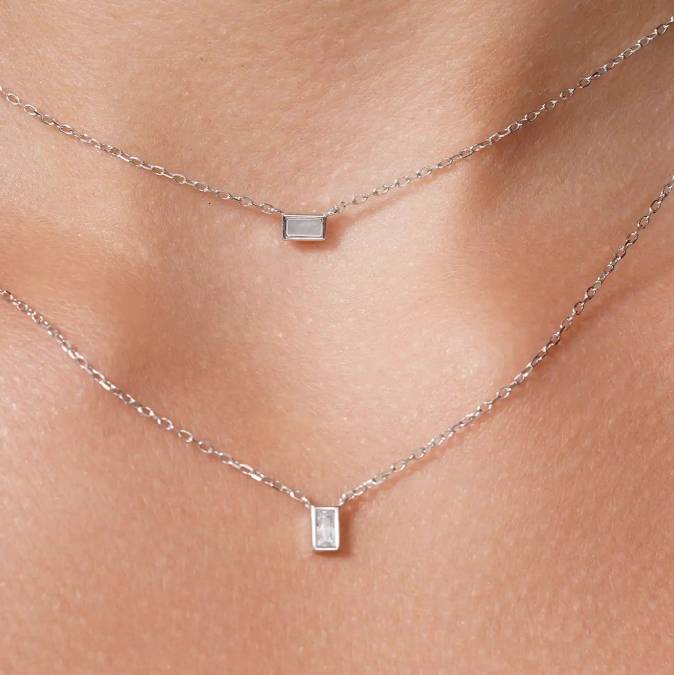 925 Sterling Silver Rhodium Plated Layered Double Strand Baguette CZ Charm Adjustable Necklace