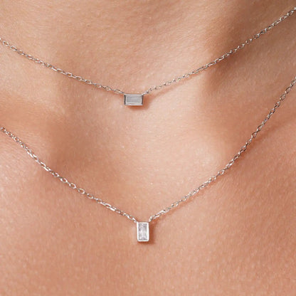 925 Sterling Silver Rhodium Plated Layered Double Strand Baguette CZ Charm Adjustable Necklace