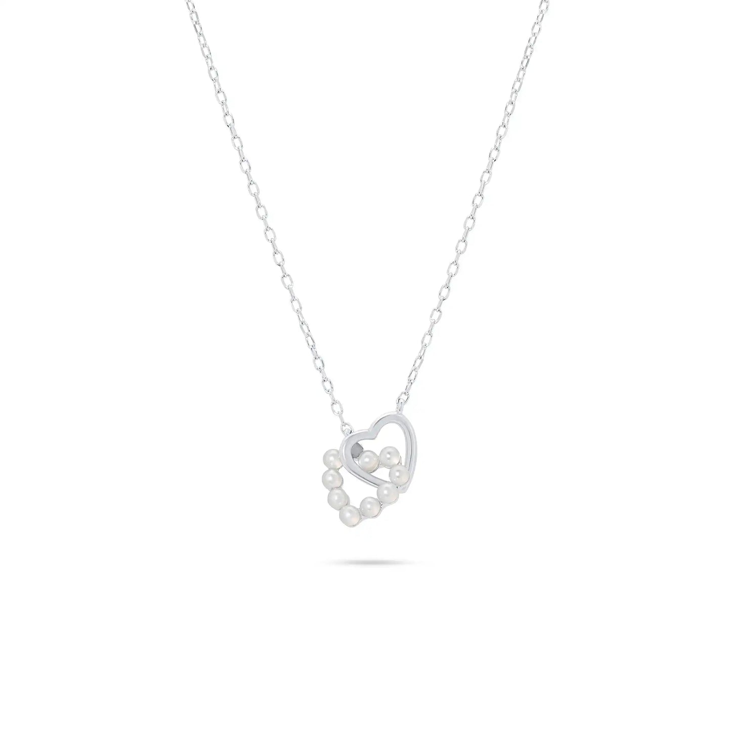 925 Sterling Silver Rhodium Plated Intertwined Synthetic Pearl Heart Adjustable Necklace