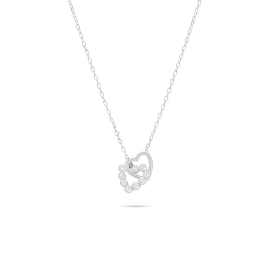 925 Sterling Silver Rhodium Plated Intertwined Synthetic Pearl Heart Adjustable Necklace