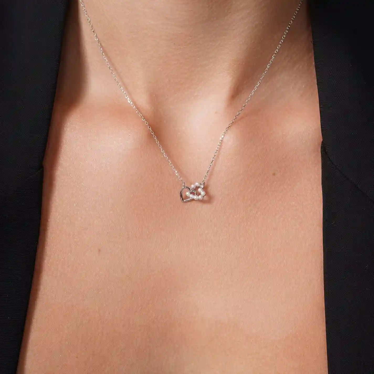 925 Sterling Silver Rhodium Plated Intertwined Synthetic Pearl Heart Adjustable Necklace