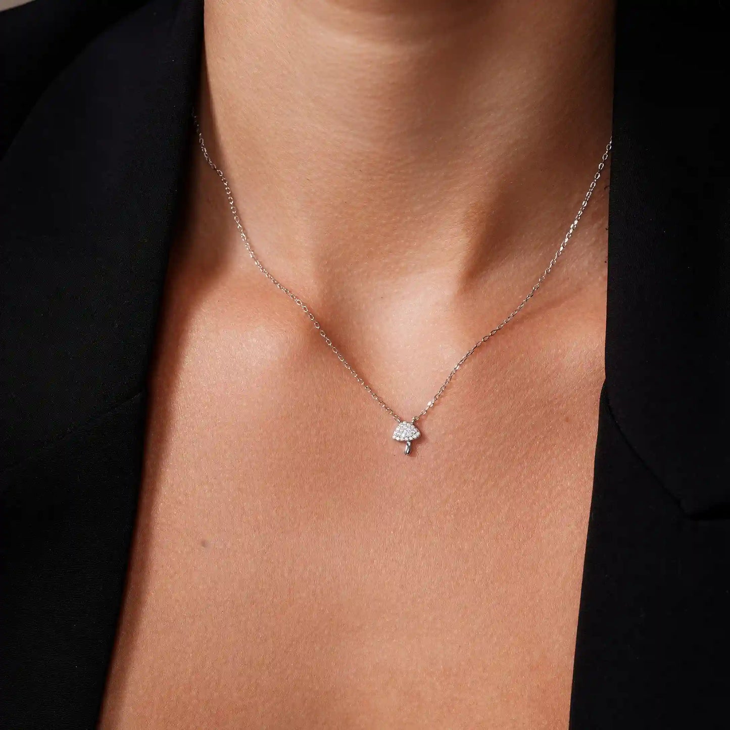 925 Sterling Silver Rhodium Plated Mushroom Charm Adjustable Necklace
