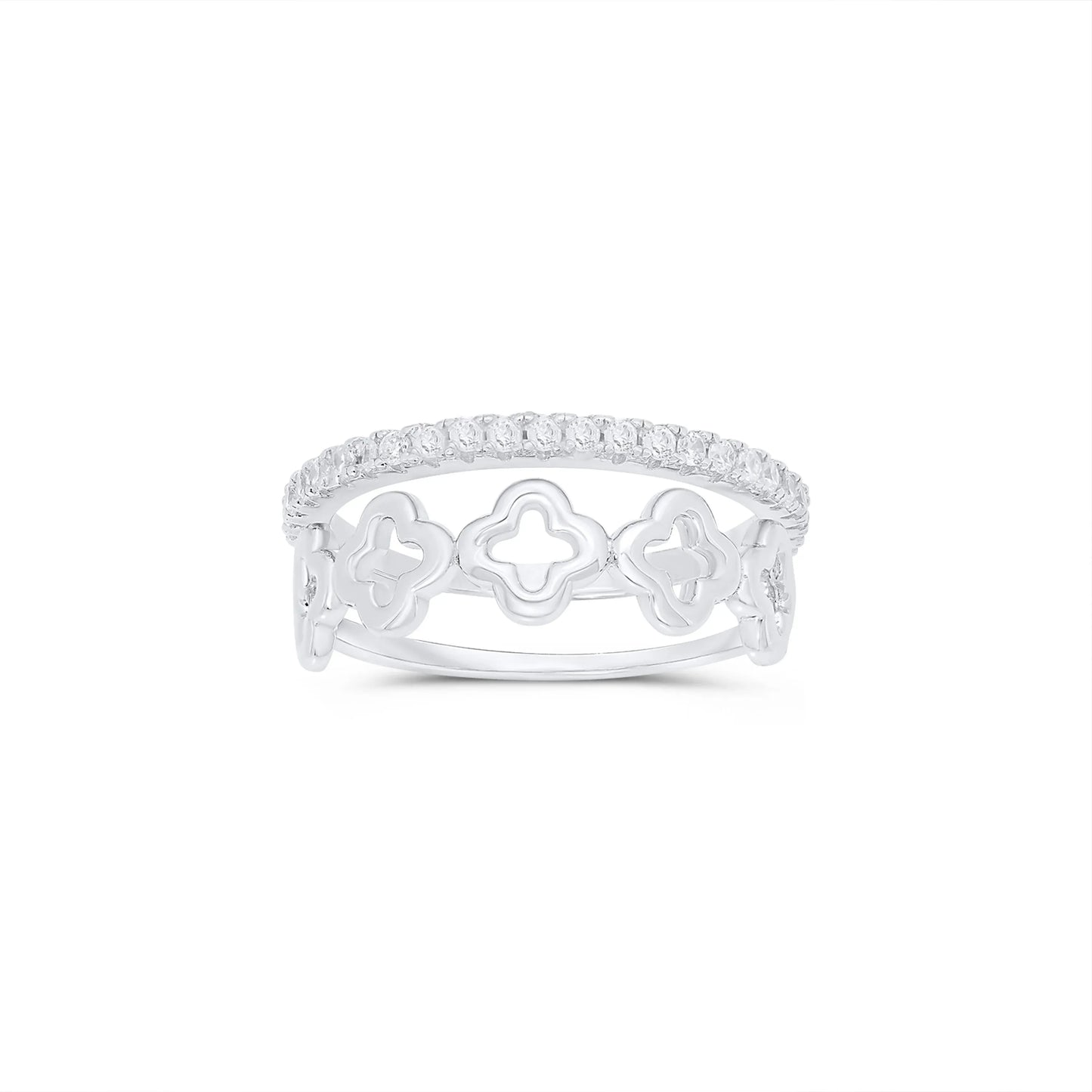 925 Sterling Silver Rhodium Plated Eternity Clover Clear CZ Ring Set