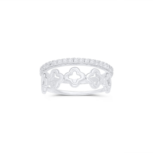 925 Sterling Silver Rhodium Plated Eternity Clover Clear CZ Ring Set