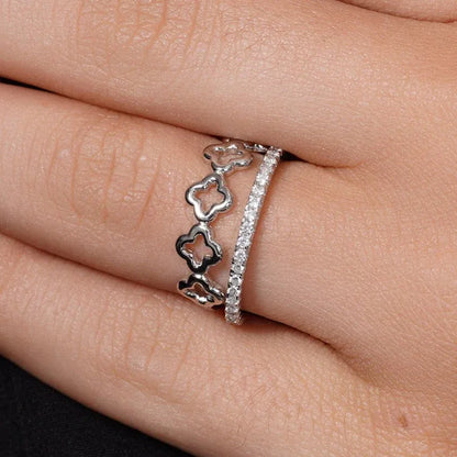 925 Sterling Silver Rhodium Plated Eternity Clover Clear CZ Ring Set
