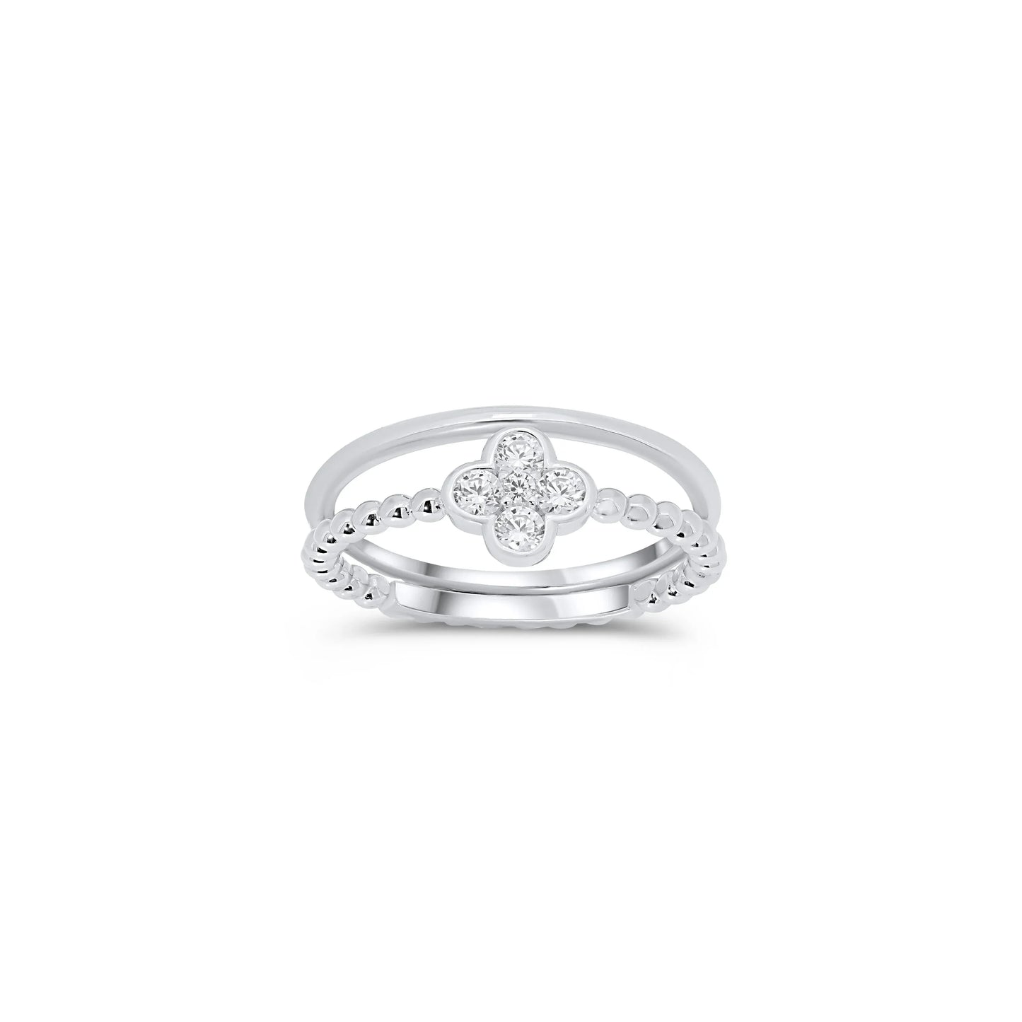 925 Sterling Silver Rhodium Plated Beaded Clover Plain Rounded Band Clear CZ Ring Set