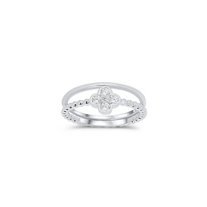 925 Sterling Silver Rhodium Plated Beaded Clover Plain Rounded Band Clear CZ Ring Set