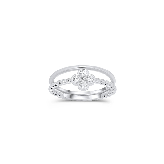 925 Sterling Silver Rhodium Plated Beaded Clover Plain Rounded Band Clear CZ Ring Set