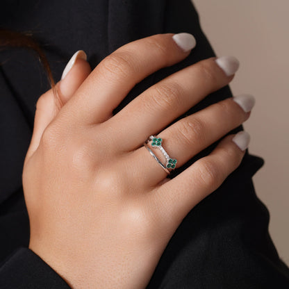 925 Sterling Silver Rhodium Plated Triple Clover Plain Rounded Band Clear and Green CZ Ring Set