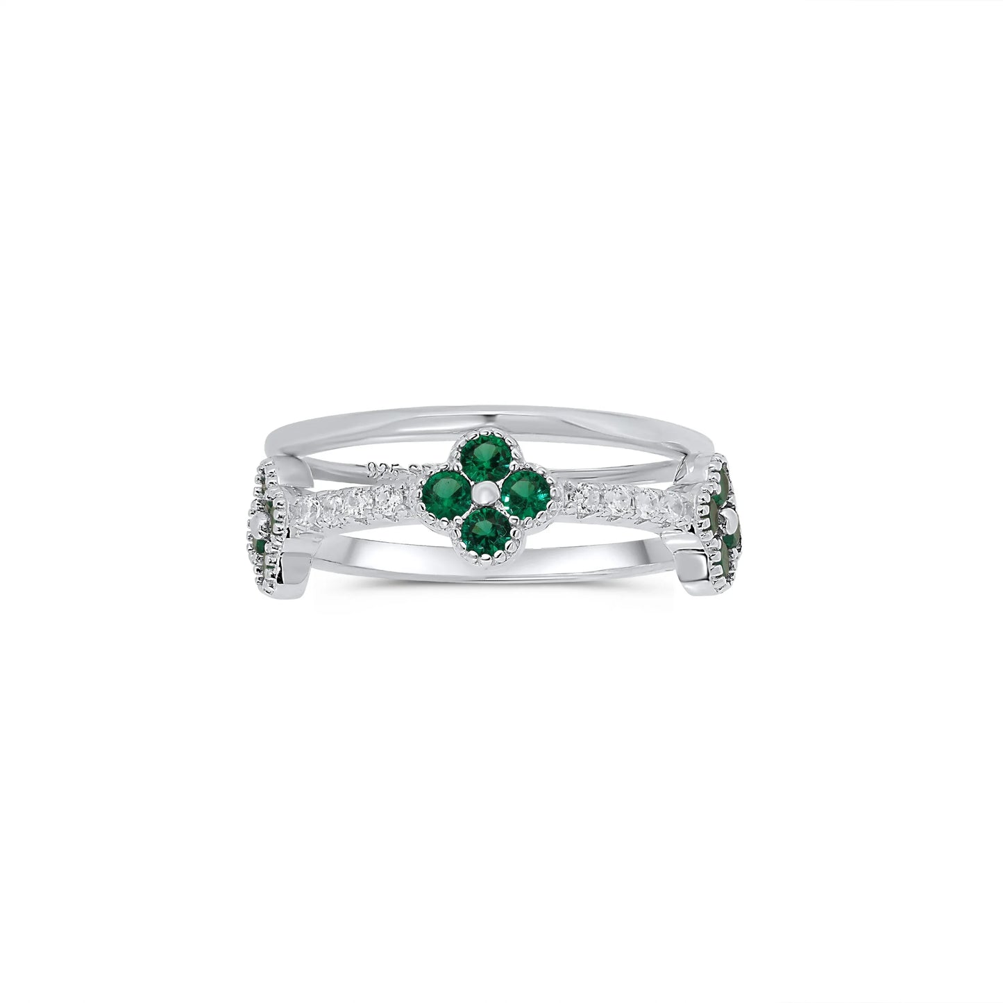 925 Sterling Silver Rhodium Plated Triple Clover Plain Rounded Band Clear and Green CZ Ring Set