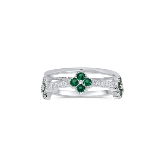 925 Sterling Silver Rhodium Plated Triple Clover Plain Rounded Band Clear and Green CZ Ring Set