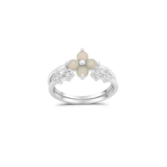 925 Sterling Silver Rhodium Plated Synthetic Opal Clover And Open Bypass Clear CZ Ring Set