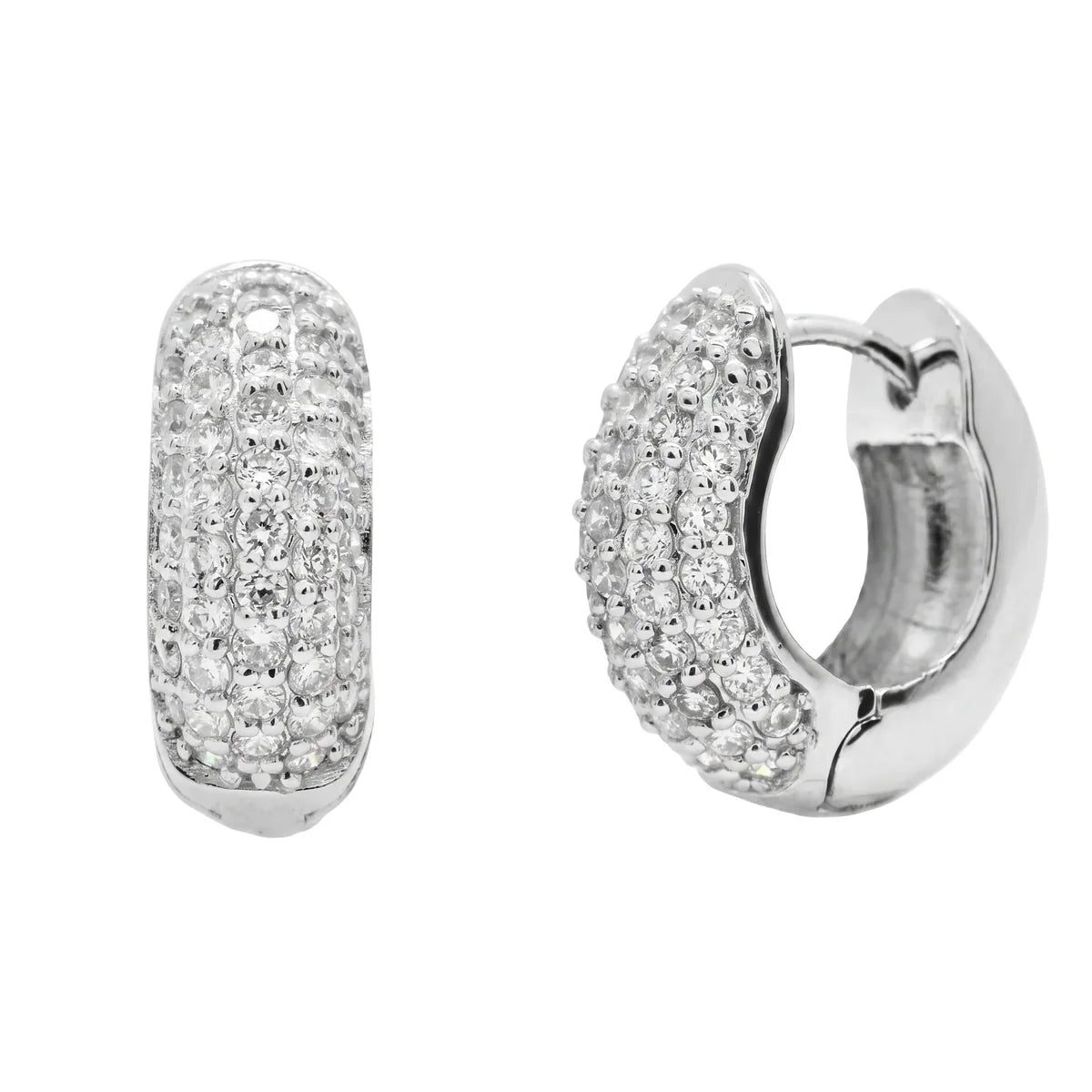 Lab Grown Diamond Rhodium Plated 925 Sterling Silver Iced Out Double Row Huggie Hoop Earrings