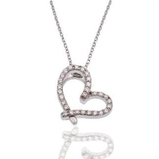 925 Sterling Silver Rhodium Plated Lab Grown Diamond on Assymetrical Heart Pendant Adjustable Necklace